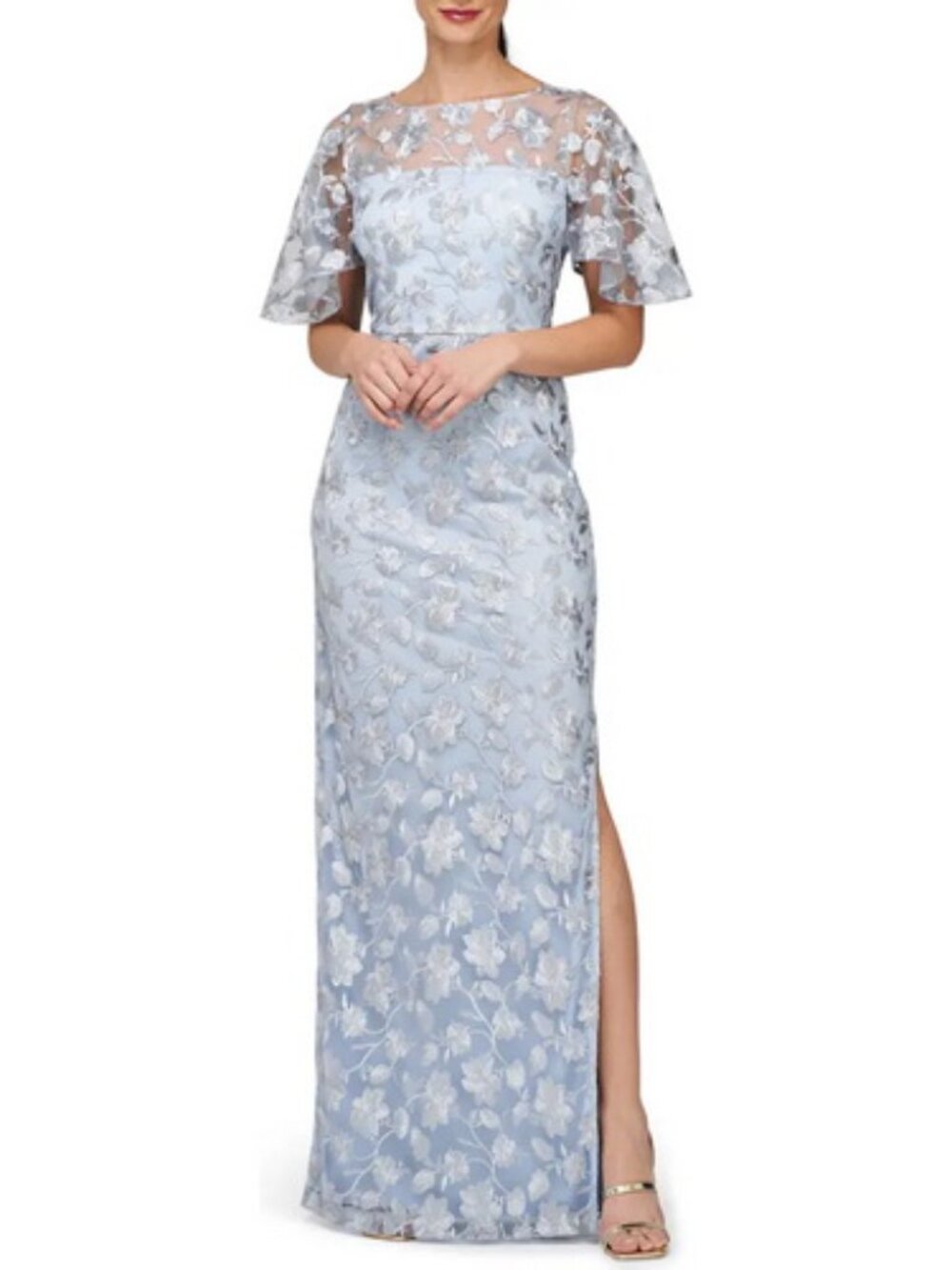 JS Collections Silver Azure Blue Brooke Floral Embroidered Gown